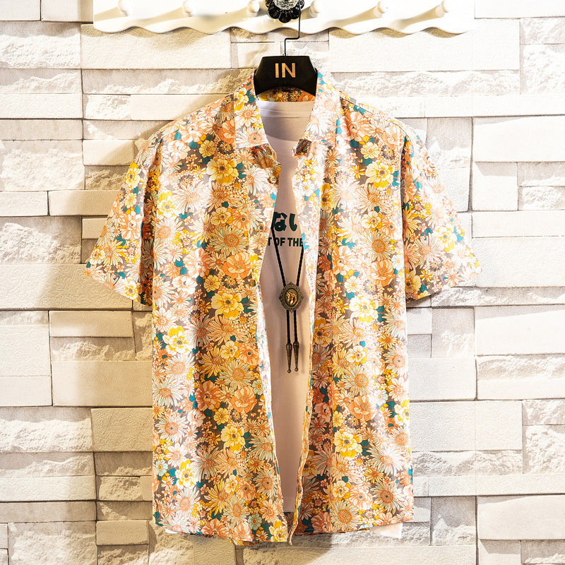 Herr Sommar Blommigt Mönster Kortärmad Skjorta Slagkrage Slim Fit Kofta Stil Multifärgad