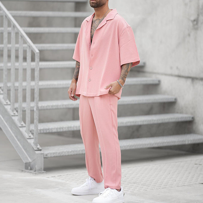 Herr Sommar Tvådelat Skjorta Byxset Vävd Lätt Enfärgad Färg Matchande Outfit Flera Storlekar
