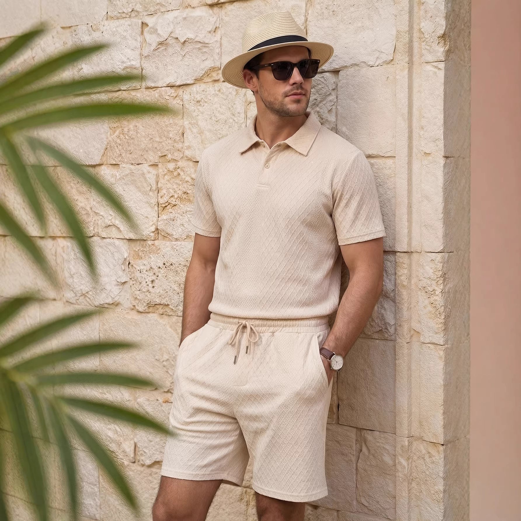 Herrpolo med dragkedja och långa byxor, tvådelat set, sportig stil, ljus khaki, polyesterfiber