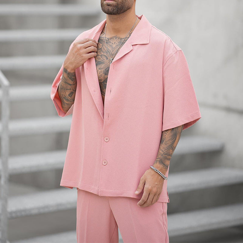 Herr Sommar Tvådelat Skjorta Byxset Vävd Lätt Enfärgad Färg Matchande Outfit Flera Storlekar