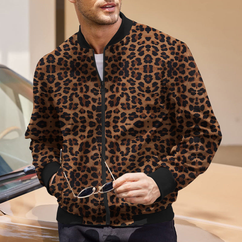 Herr Höstjacka Med Leopardmönster Och Dragkedja Och Fleecefoder