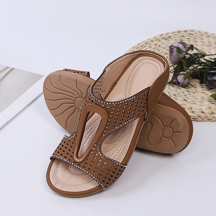 Dam Sommar Fiskmun Platta Sandaler Strass Ihåliga Slip-On