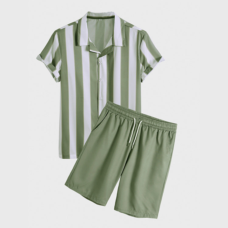 Herr Kortärmad Blommig Randig Skjorta Shorts Tvådelat Set Bomull Polyester Blandning Fritidsoutfit Grön Blå Färgalternativ