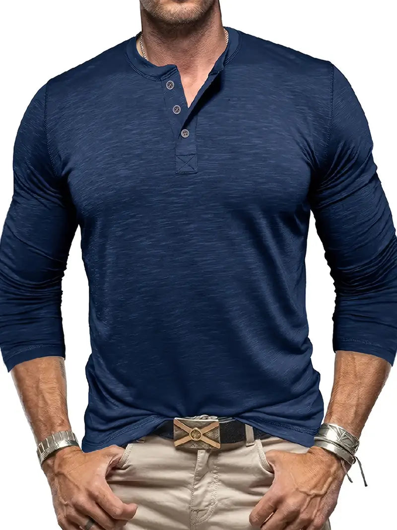 Herr Långärmad Henley T-Shirt Med Knäppning Vid Halsringning