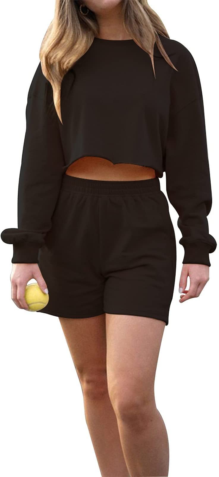 Dam Sportkläder Tvådelat Set Långärmad Tröja Enfärgade Fürg Shorts