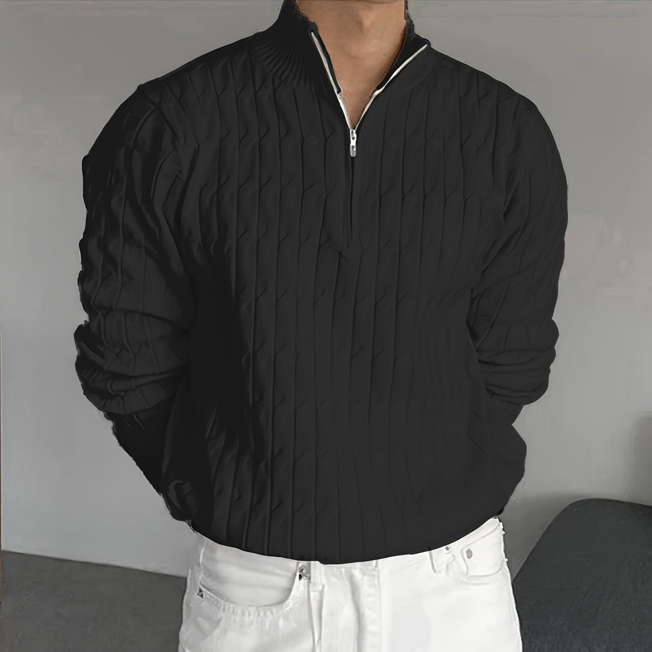Herr Stickad Pullover med Rund Hals och Halv Dragkedja