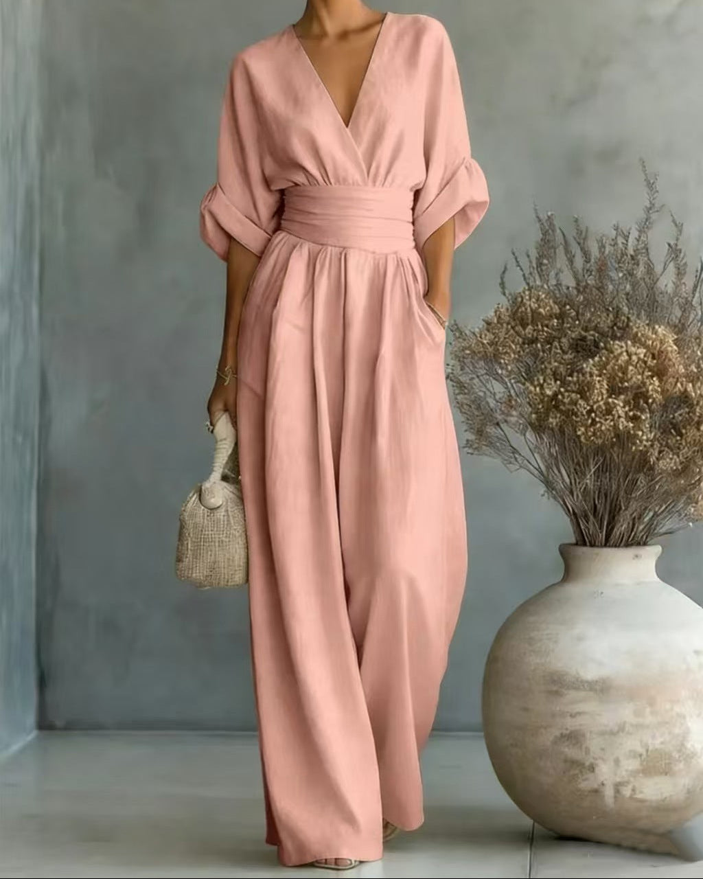 Damjumpsuit V-Ringad Hög Midja Full Längd Slim Fit