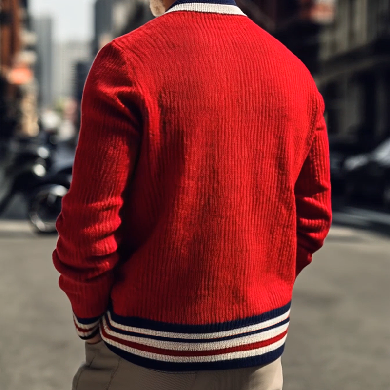 Herr Randig Stickad Cardigan med Knäppning