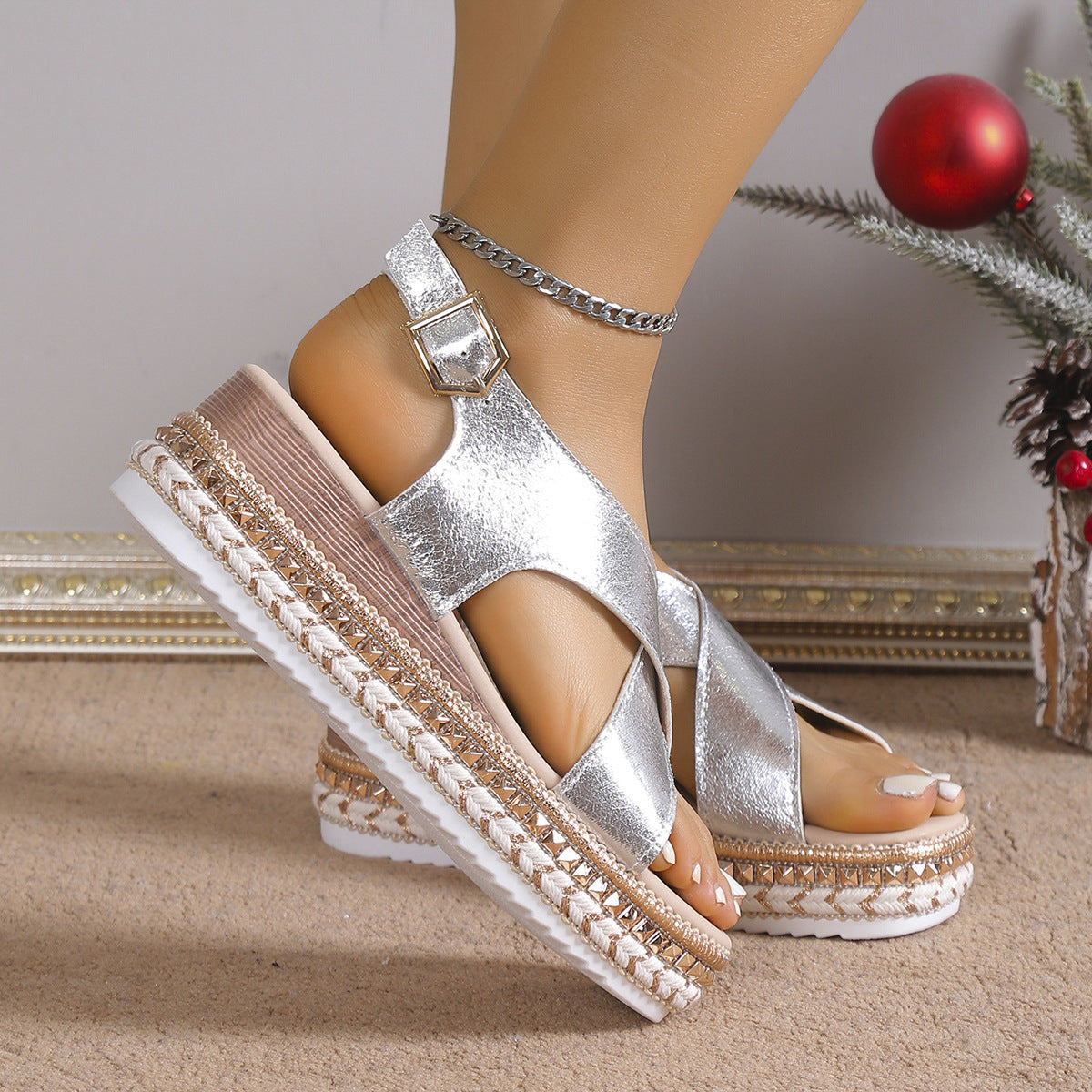 Dam Sommar Plus Size Platform Kilklackade Sandaler Med Fiskmunnsspänne