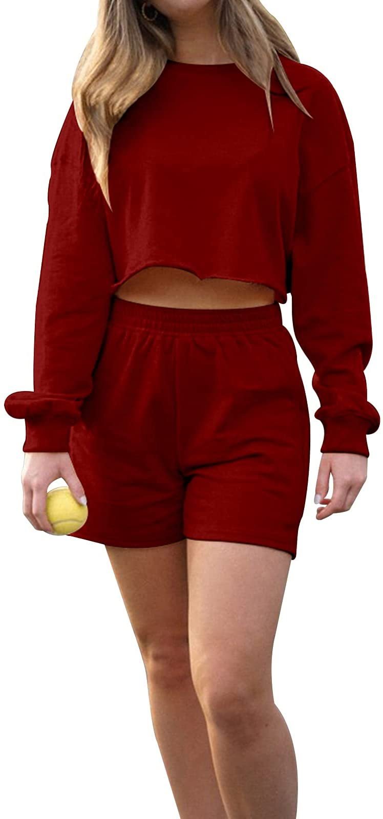 Dam Sportkläder Tvådelat Set Långärmad Tröja Enfärgade Fürg Shorts