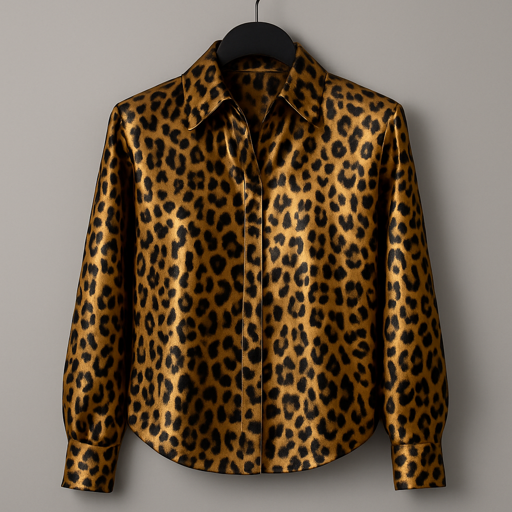 Dam Topp med Leopardmönster och Glansig Knäppning Fram