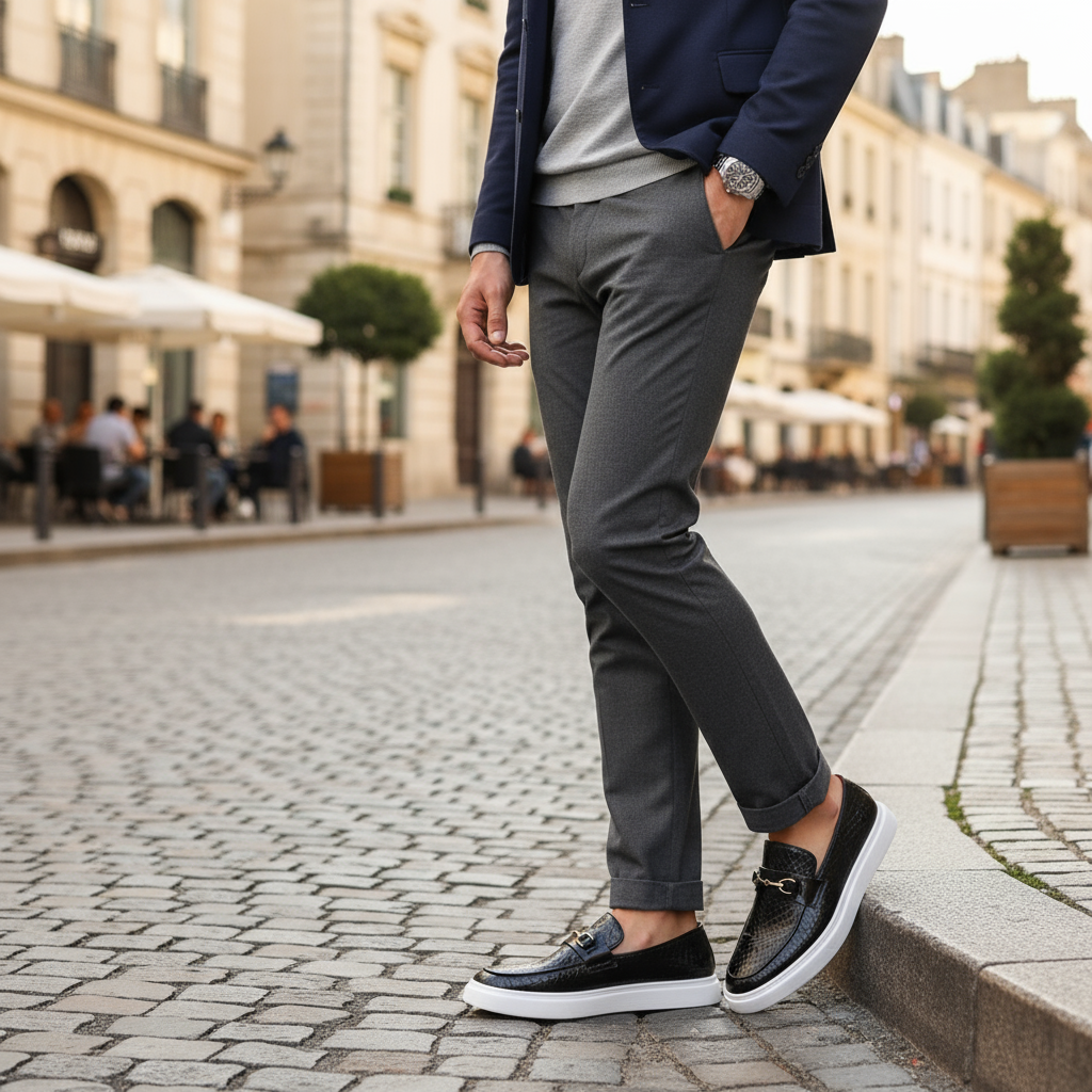 Herrloafers i präglat konstläder med ormskinnstextur och metallspänne