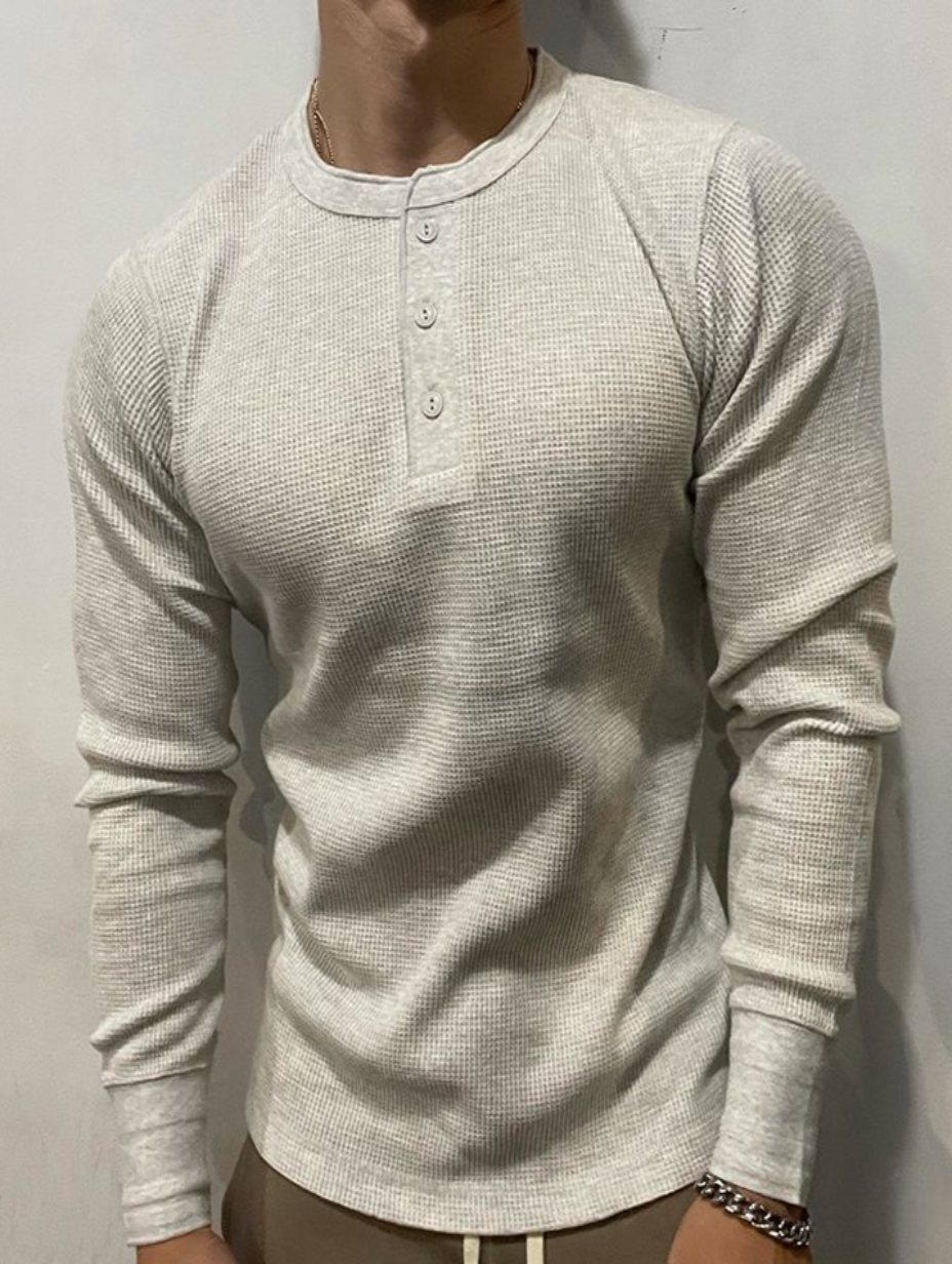Herr Långärmad T-shirt med Henrykrage Waffle Knit och Slim Passform