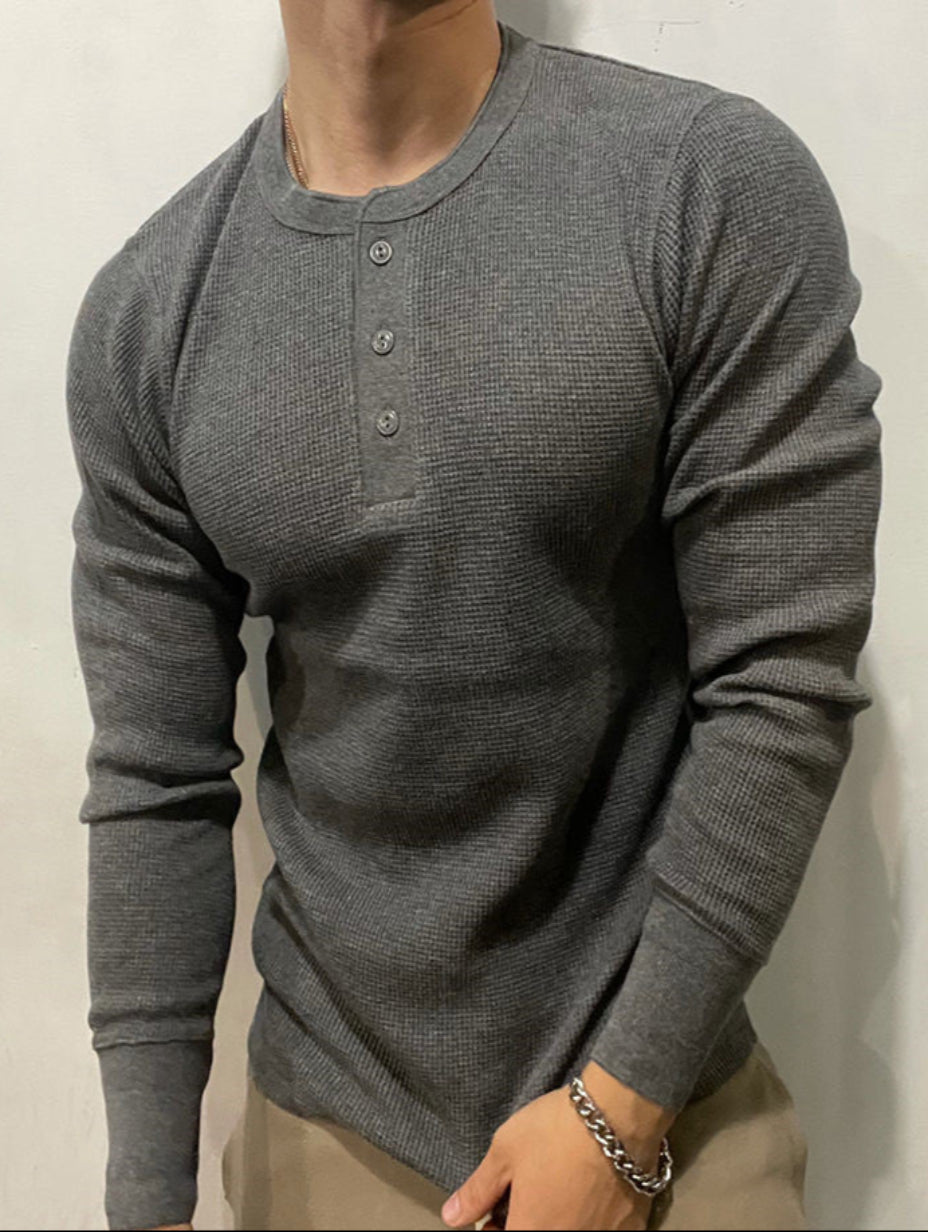 Herr Långärmad T-shirt i Vaffelstickat, Slim Fit, Henrykrage, Kraftig Kvalitet