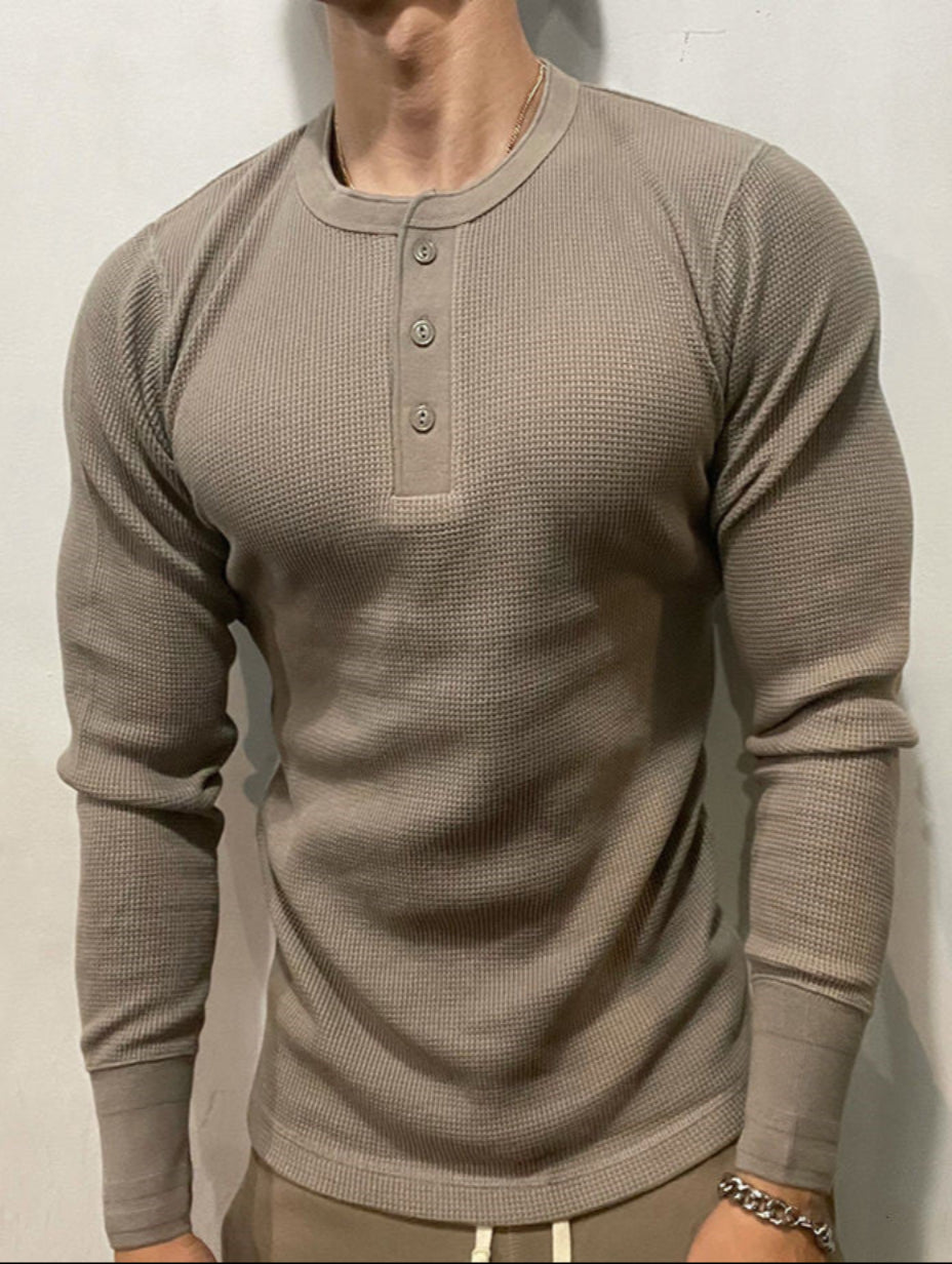 Herr Långärmad T-shirt med Henrykrage Waffle Knit och Slim Passform