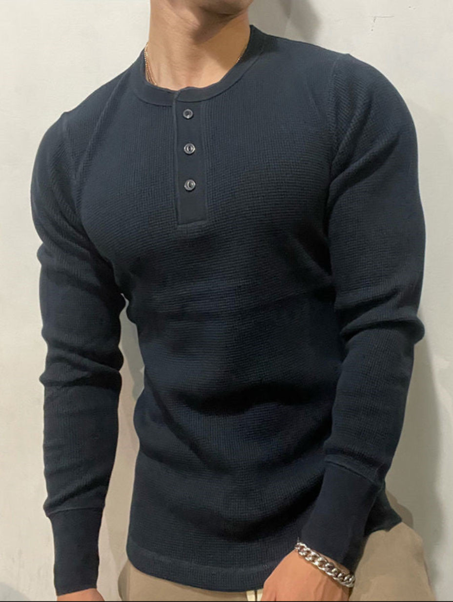 Herr Långärmad T-shirt med Henrykrage Waffle Knit och Slim Passform