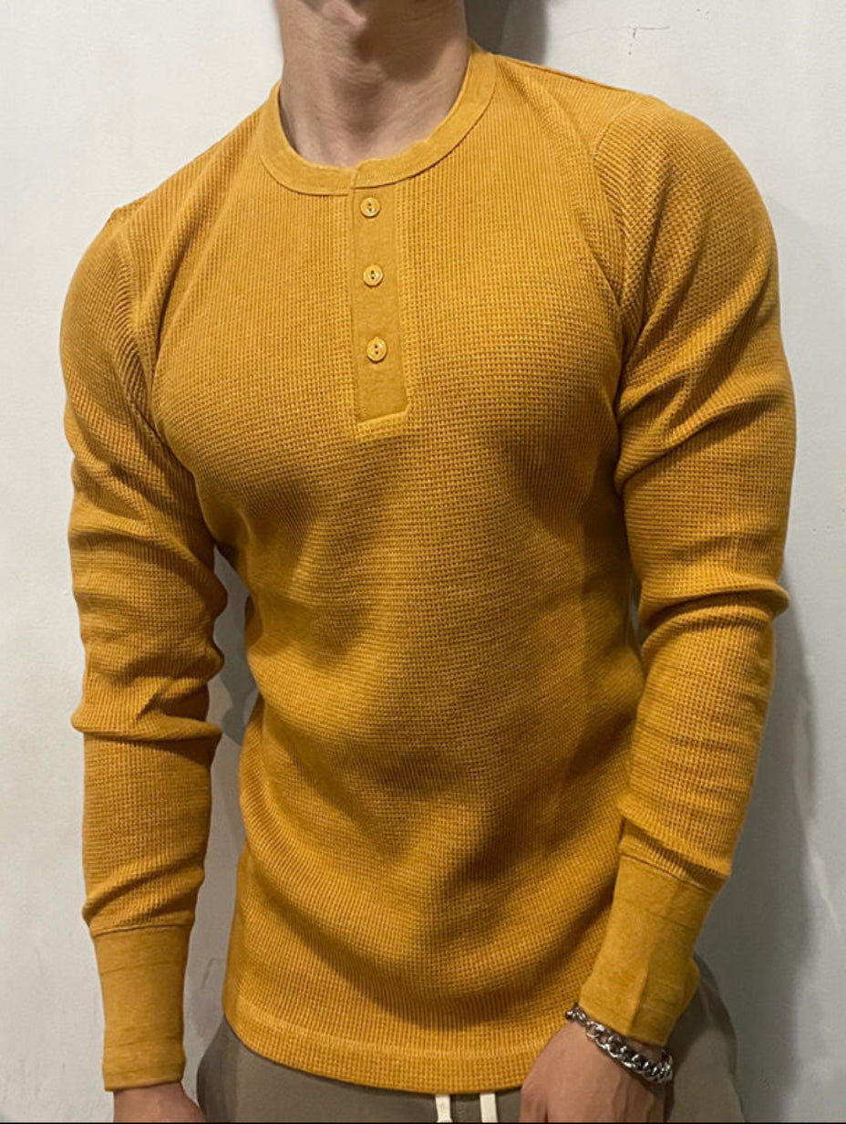 Herr Långärmad T-shirt med Henrykrage Waffle Knit och Slim Passform