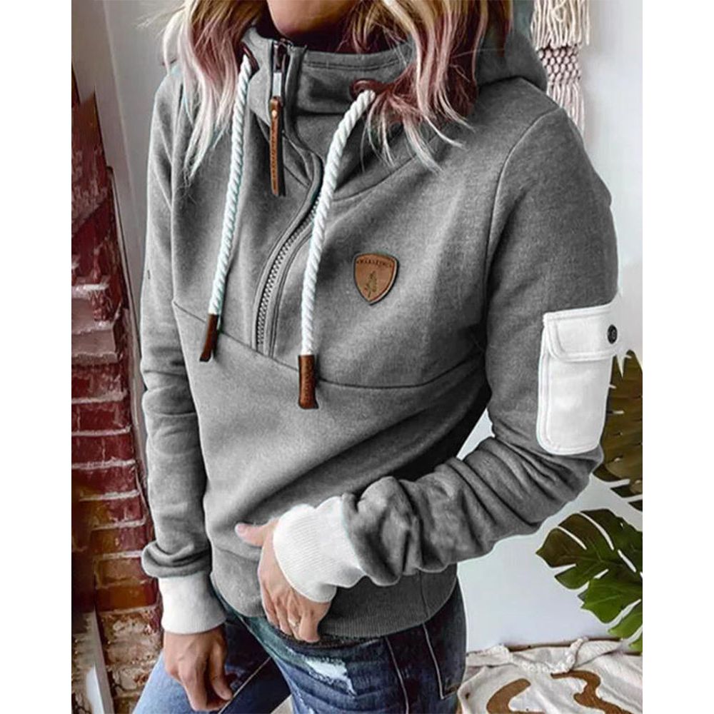 Dam Hoodie Med Dragkedja Dragsnören Och Ärmficka