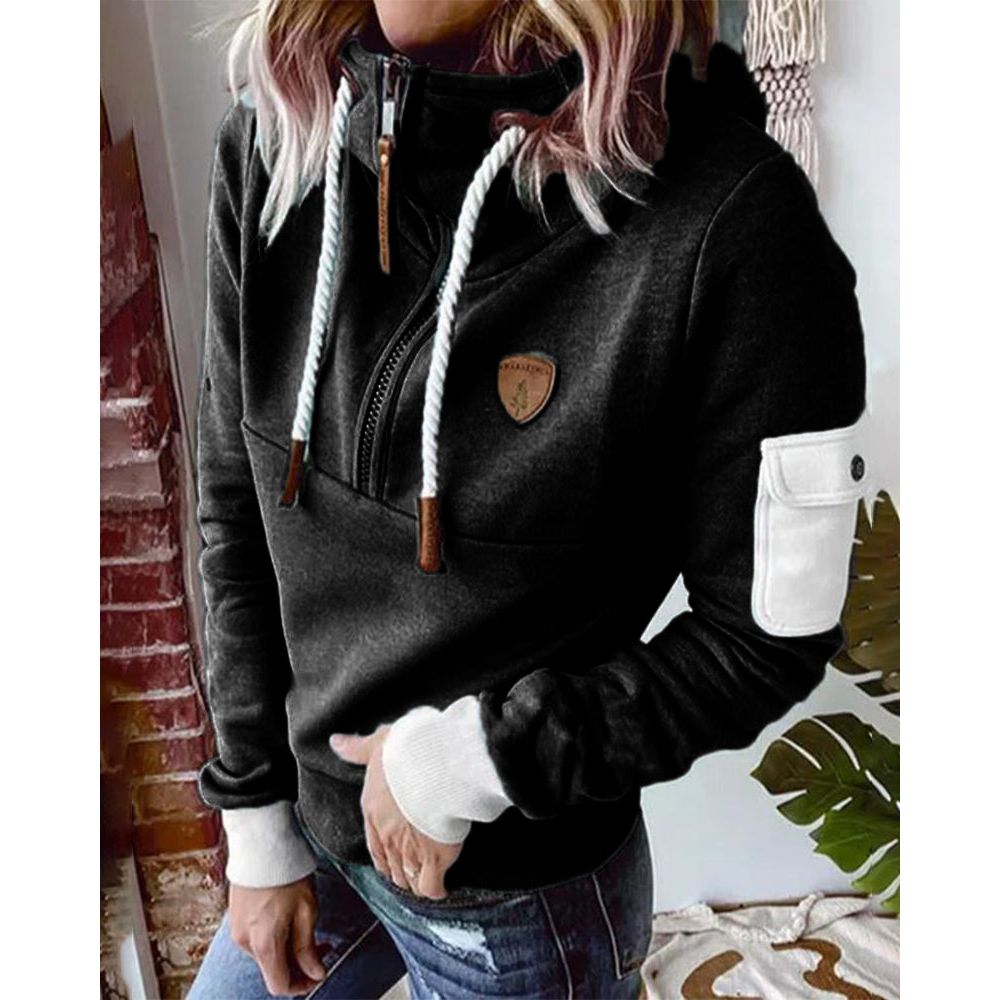 Dam Hoodie Med Dragkedja Dragsnören Och Ärmficka