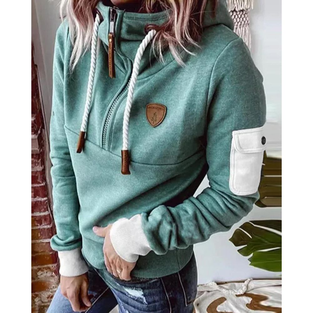 Dam Hoodie Med Dragkedja Dragsnören Och Ärmficka