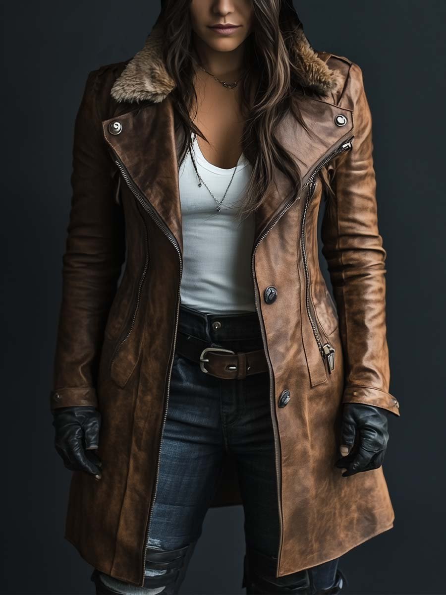 Kappa för kvinnor vinter med dragkedja och päls-krage i vintagestil