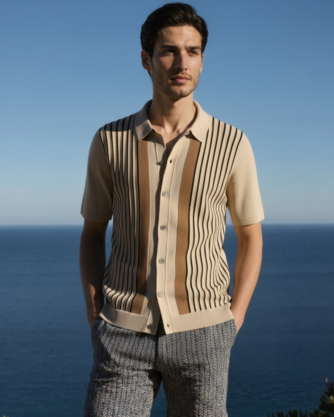 Herr Sommarstickad Kortärmad Polo med Vertikala Ränder Beige