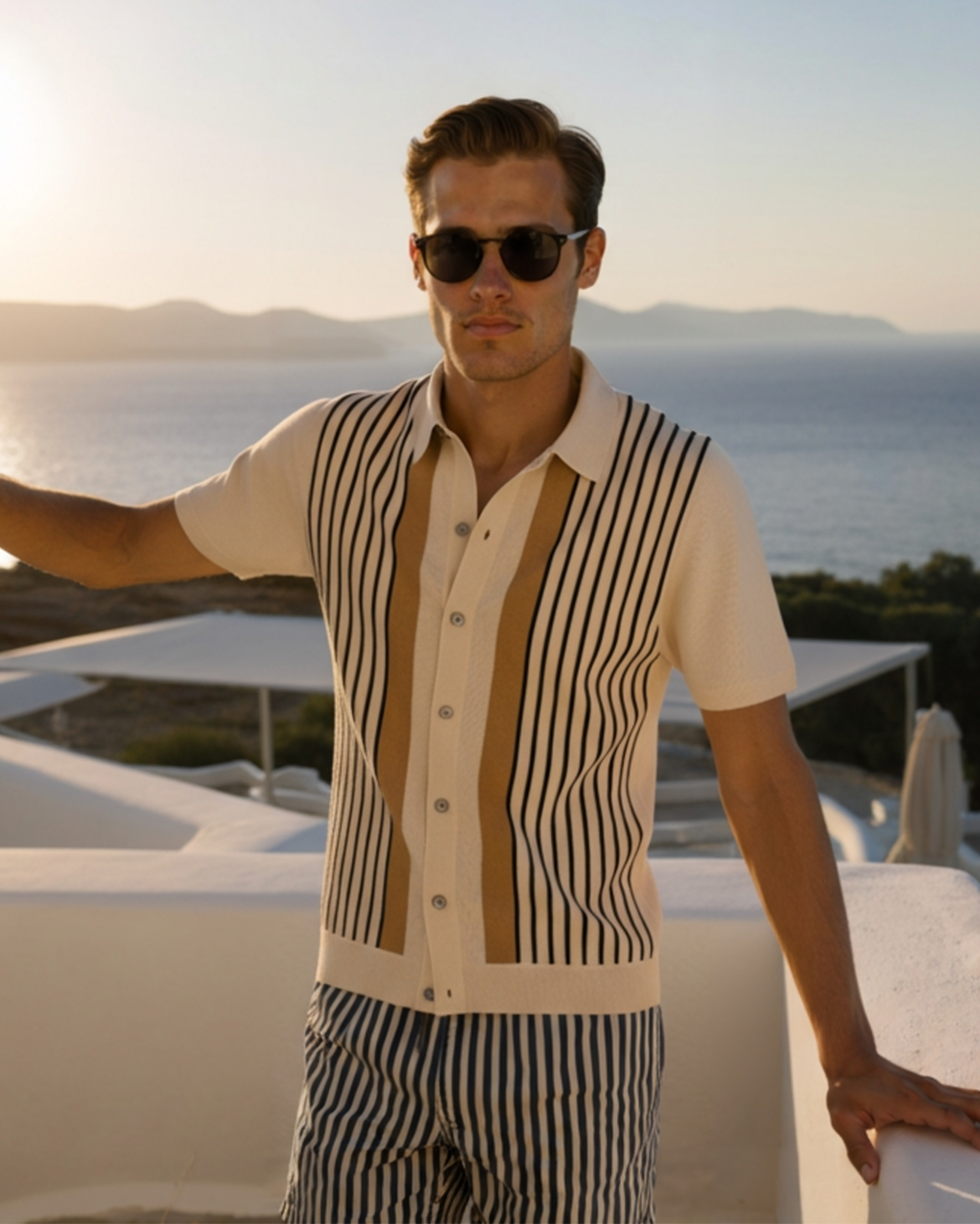 Herr Sommarstickad Kortärmad Polo med Vertikala Ränder Beige