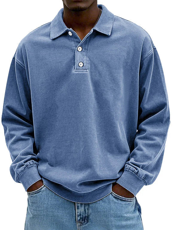 Herr Långärmad Vintage Skjorta med Polokrage och Ribbstickade Ärmslut