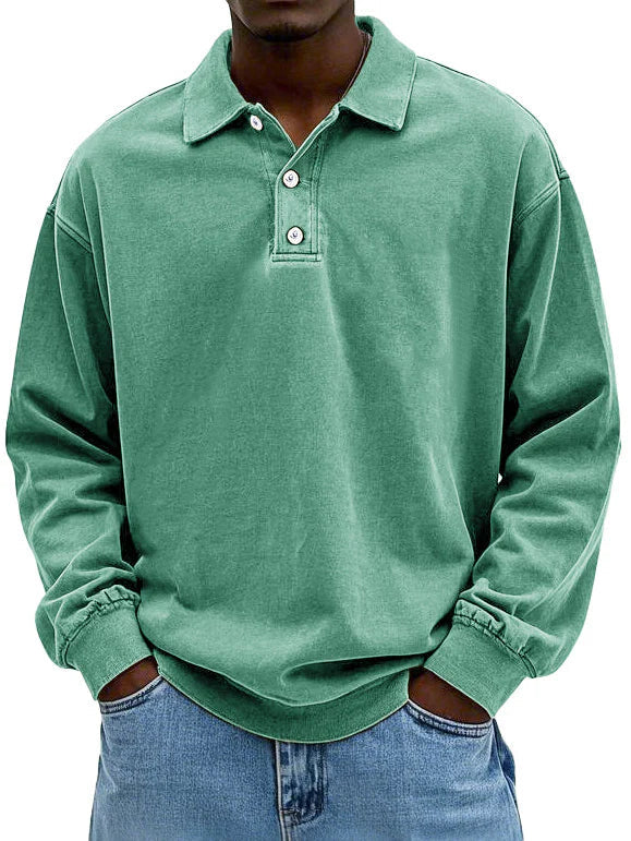 Herr Långärmad Vintage Skjorta med Polokrage och Ribbstickade Ärmslut