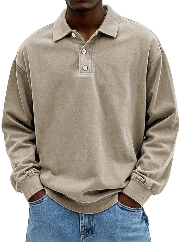 Herr Långärmad Vintage Skjorta med Polokrage och Ribbstickade Ärmslut