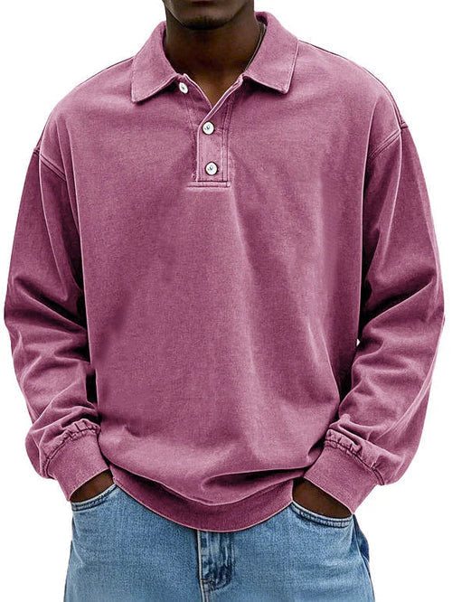 Herr Långärmad Vintage Skjorta med Polokrage och Ribbstickade Ärmslut