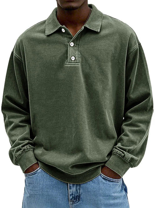 Herr Långärmad Vintage Skjorta med Polokrage och Ribbstickade Ärmslut