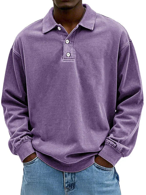 Herr Långärmad Vintage Skjorta med Polokrage och Ribbstickade Ärmslut