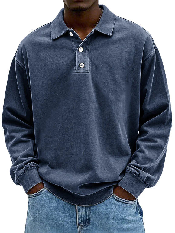 Herr Långärmad Vintage Skjorta med Polokrage och Ribbstickade Ärmslut