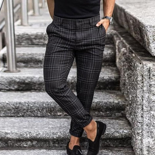 Herr Slim Fit Rutig Byxa Med Avsmalnande Ben