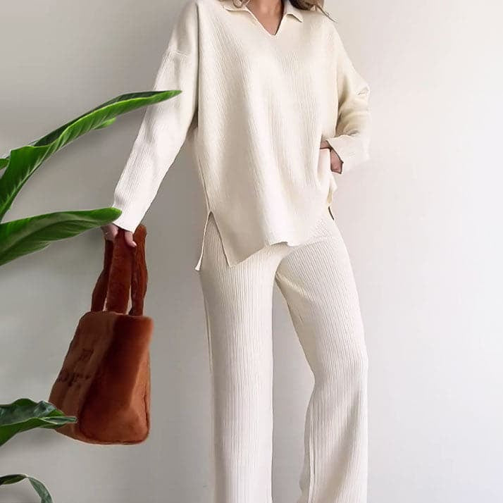 Stickat Tvådelat Set För Kvinnor, Höst, V-Ringad Topp Med Slits, Vida Ben Och Byxor