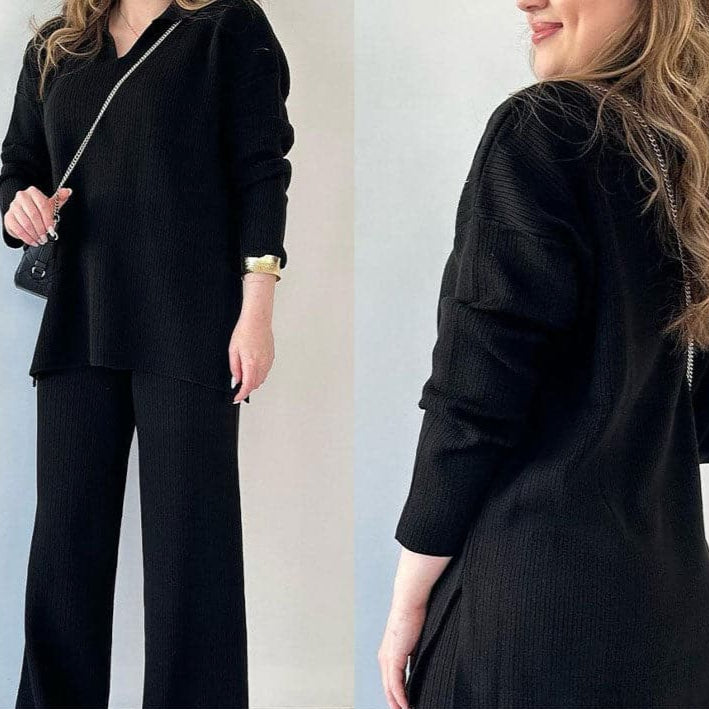 Stickat Tvådelat Set För Kvinnor, Höst, V-Ringad Topp Med Slits, Vida Ben Och Byxor