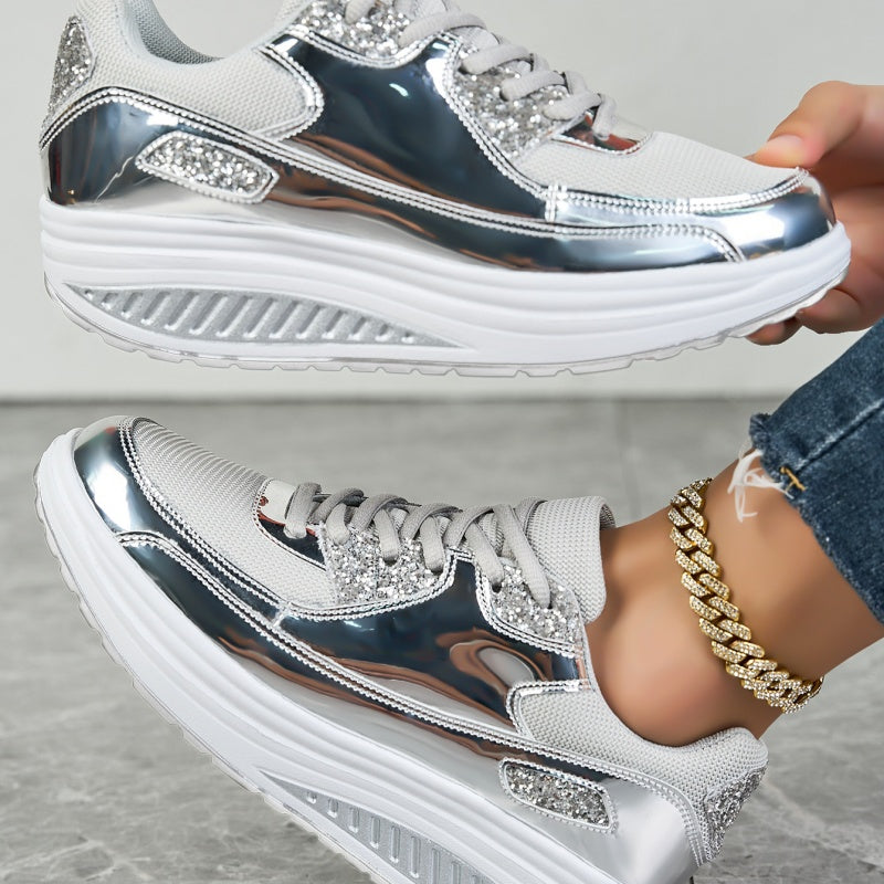 Dam Platta Sneakers Med Glittereffekt Och Texturerad EVA-sula