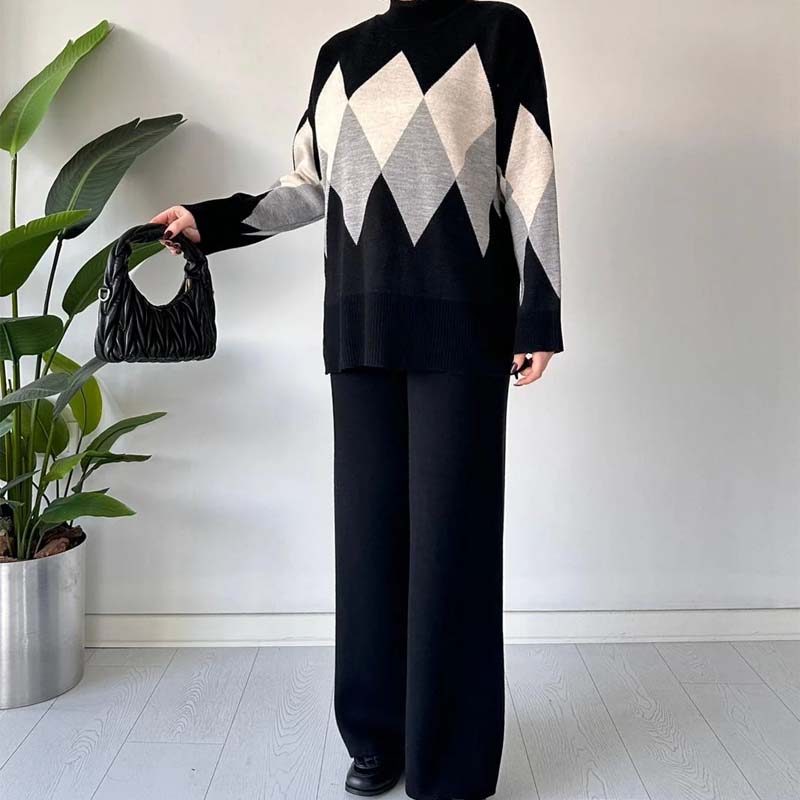 Set Med Färgblocksmönster I Diamantmönster För Kvinnor, Tröja Och Byxor