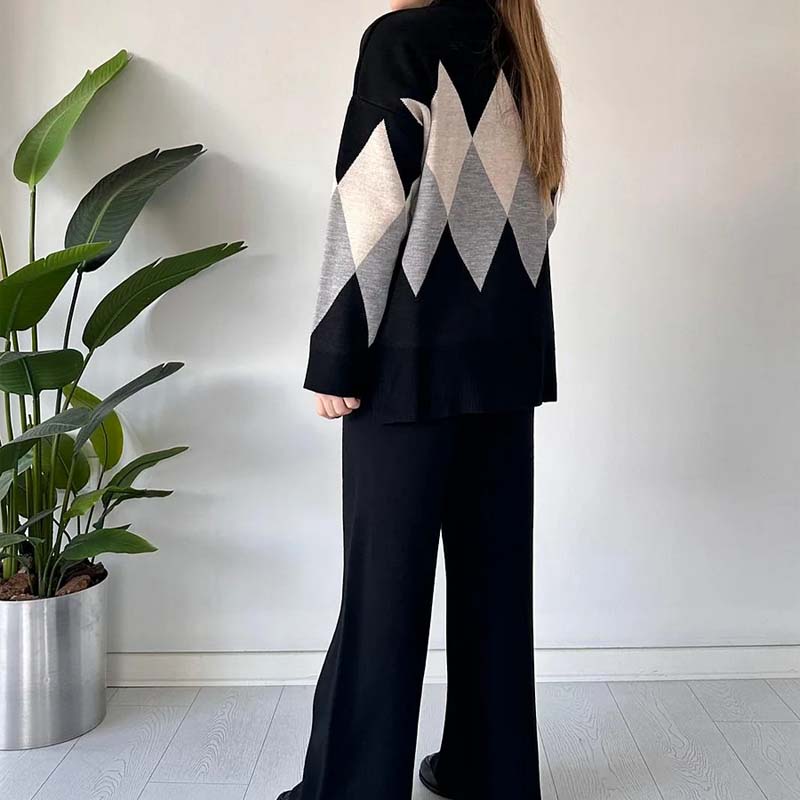 Set Med Färgblocksmönster I Diamantmönster För Kvinnor, Tröja Och Byxor