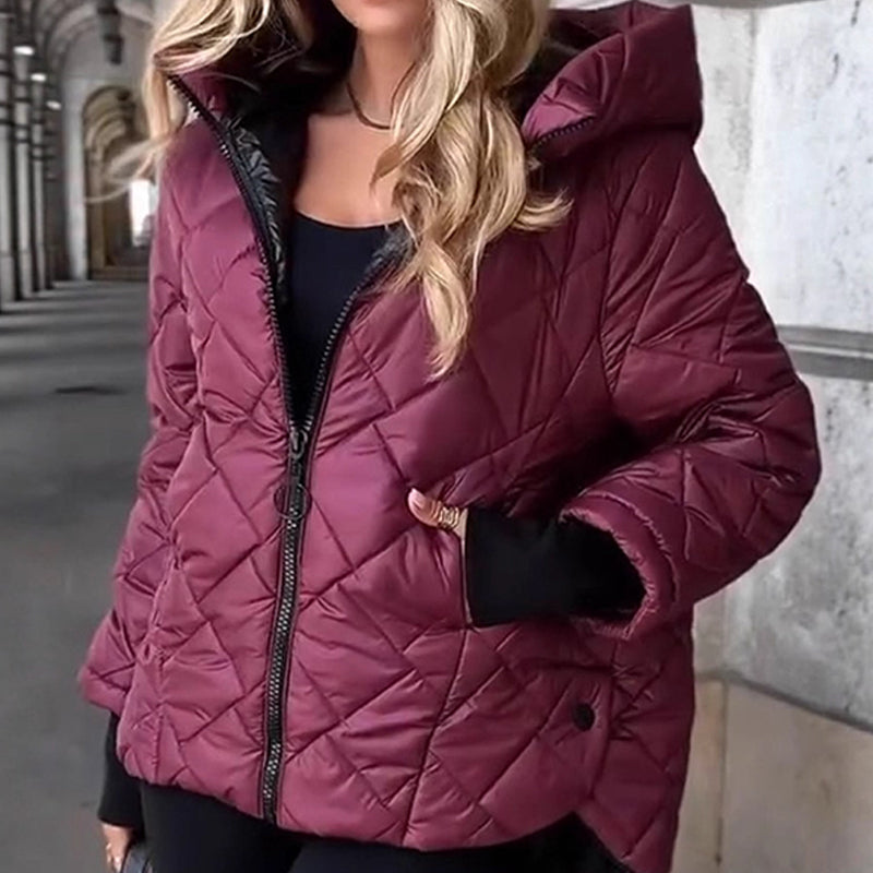 Kvinnors vinterjacka i pufferstil med diamantquiltat mönster och huva, dragkedja fram