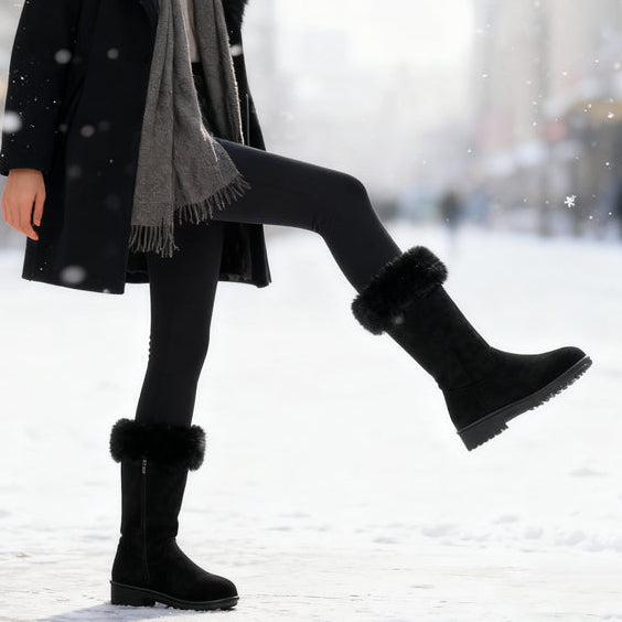 Vinterkängor För Damer, Mitten Av Vaden, Dragkedja I Sidan, Kilklack, Solid Färg