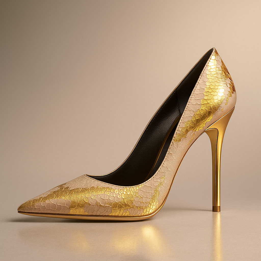 Klackskor Med Spetsig Tå, Texturerad Ormskinnsovandel Och Skulpterad Guldfärgad Klack