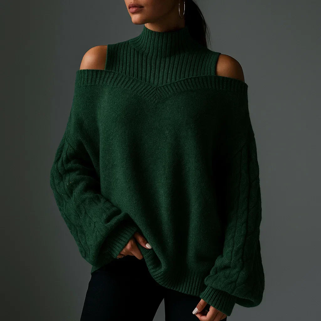 Dam Polotröja Med Cold Shoulder Kabelstickning Och Långa Ärmar