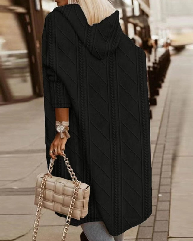 Kvinnors Lång Hooded Kofta Stickad Med Förlängd Längd