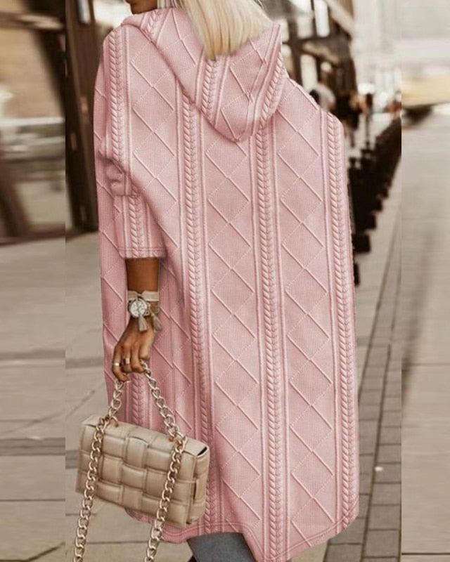 Kvinnors Lång Hooded Kofta Stickad Med Förlängd Längd