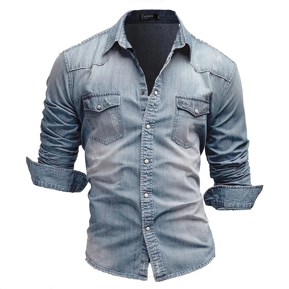 Herr Denimskjorta Retro Slim Fit Med Knäppning Fram