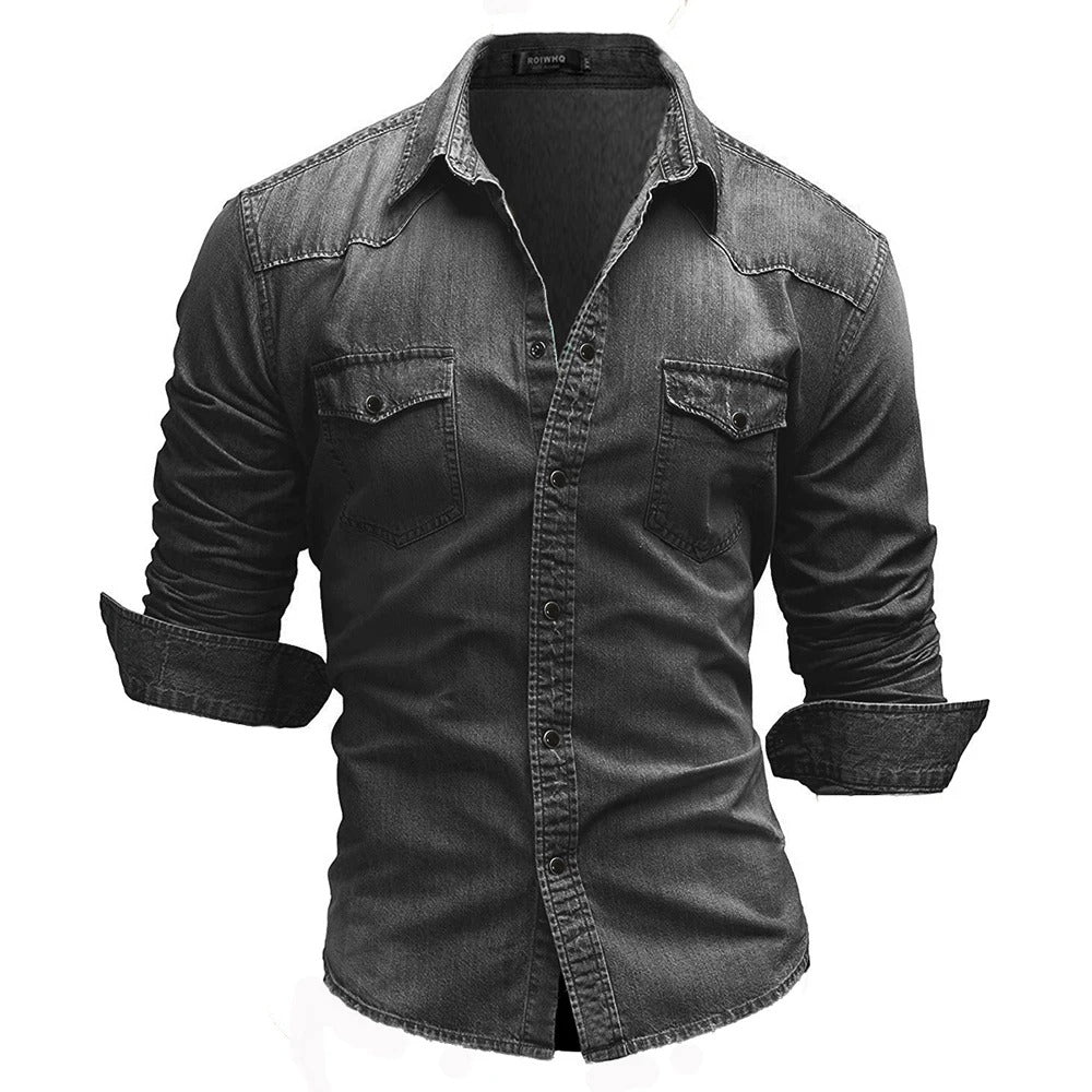 Herr Denimskjorta Retro Slim Fit Med Knäppning Fram
