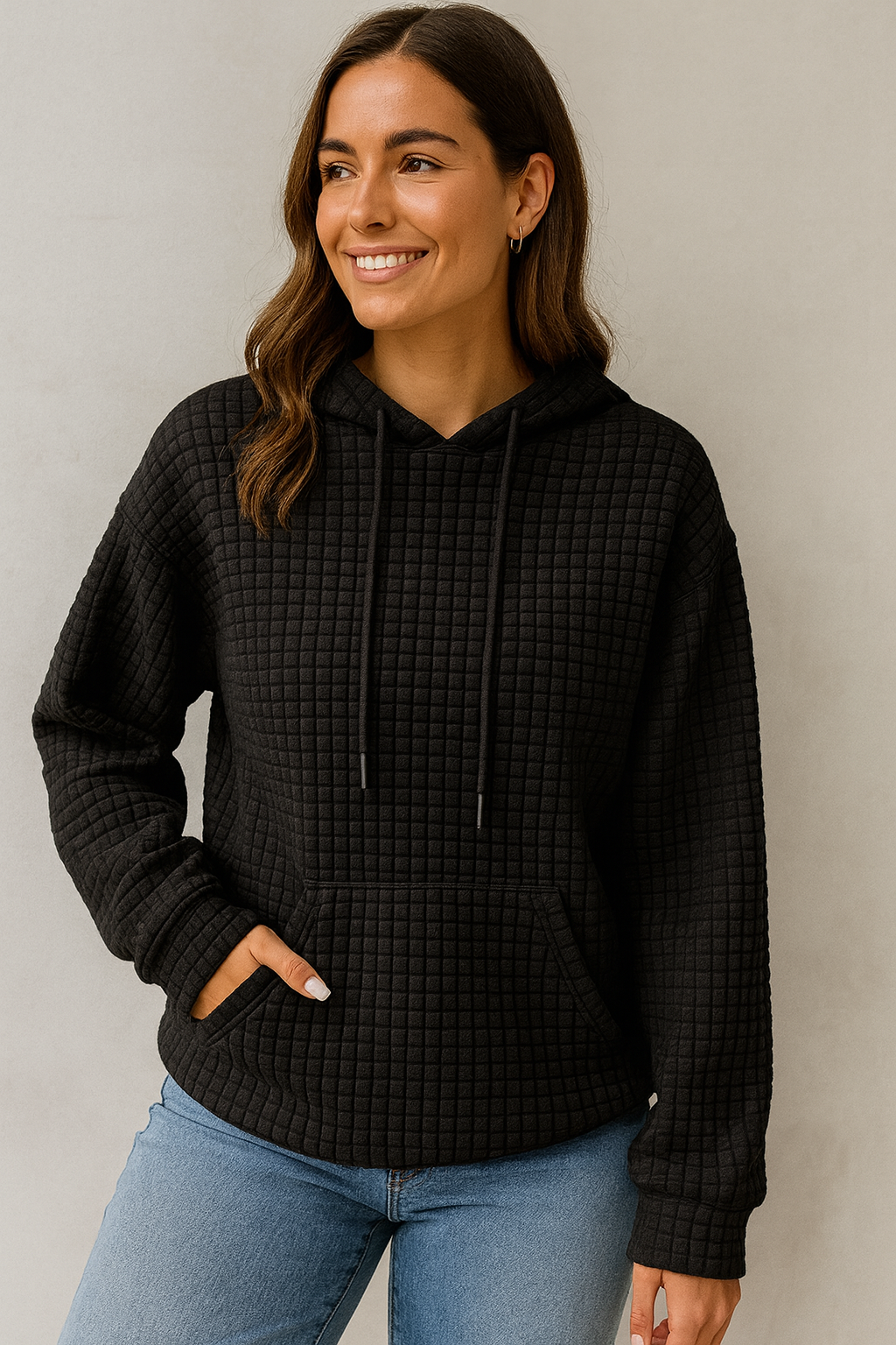 Kvinnors Huvtröja i Vaffelstickad Struktur med Dragsko och Känguruficka