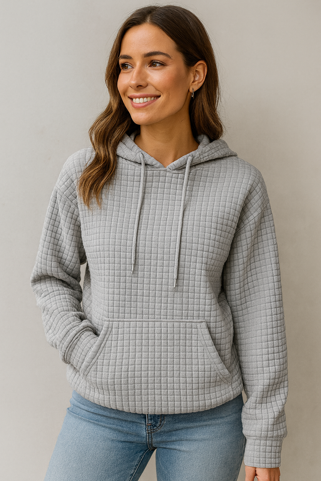 Kvinnors Huvtröja i Vaffelstickad Struktur med Dragsko och Känguruficka